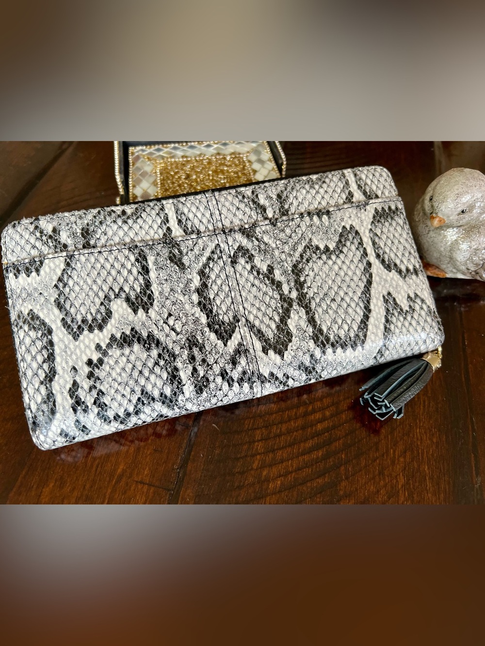 Cole Haan Snake Print Zip Around Continental Wallet Black White Faux Python - Picture 3 of 8